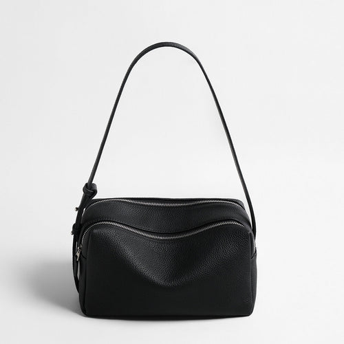 Pebbled Calfskin Bowling Bag – Structured Wave-Zip Shoulder Crossbody