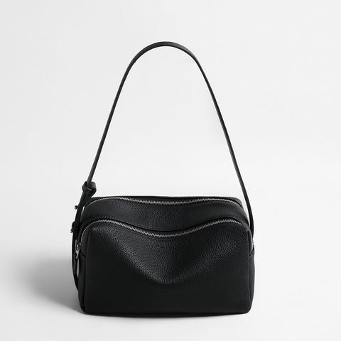 Pebbled Calfskin Bowling Bag – Structured Wave-Zip Shoulder Crossbody