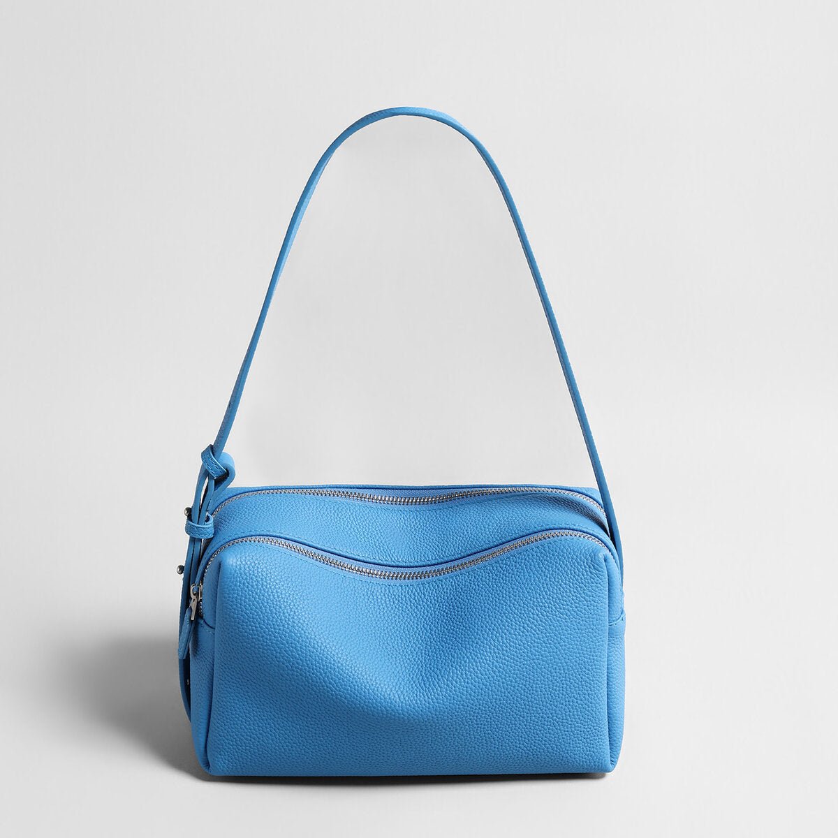 Pebbled Calfskin Bowling Bag – Structured Wave-Zip Shoulder Crossbody