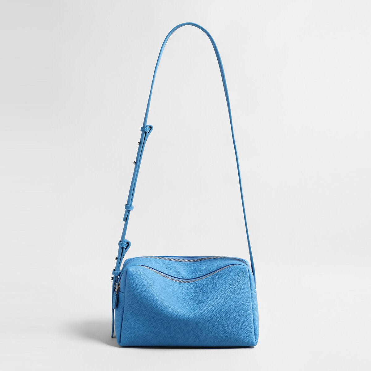 Pebbled Calfskin Bowling Bag – Structured Wave-Zip Shoulder Crossbody