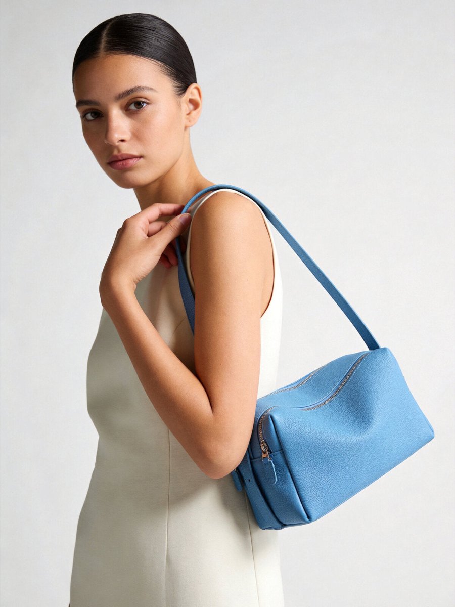 Pebbled Calfskin Bowling Bag – Structured Wave-Zip Shoulder Crossbody