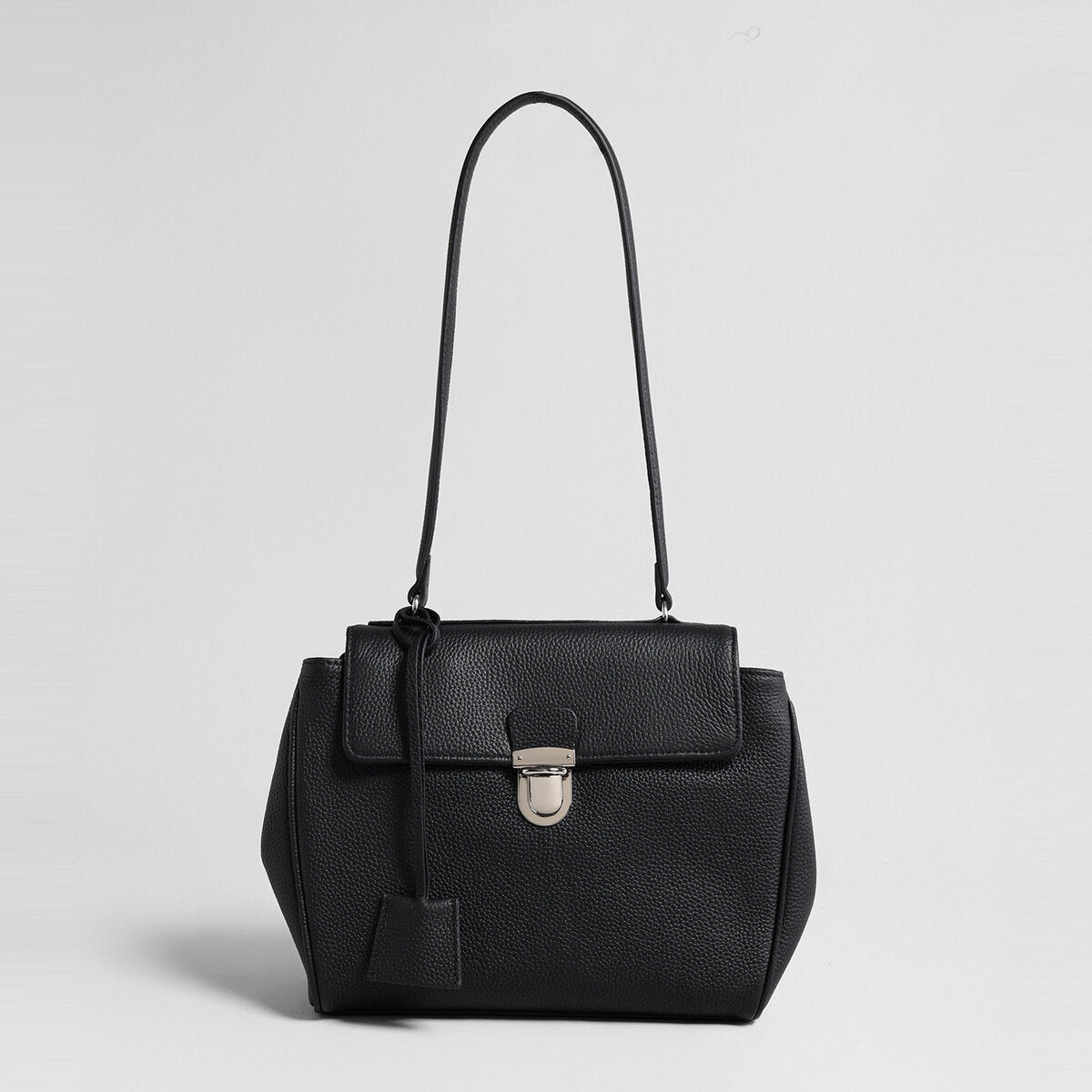 Pebbled Calfskin Messenger Bag – Flap-Top Push-Lock Shoulder Bag with Adjustable Strap
