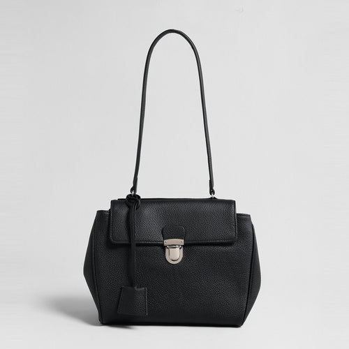Pebbled Calfskin Messenger Bag – Flap-Top Push-Lock Shoulder Bag with Adjustable Strap