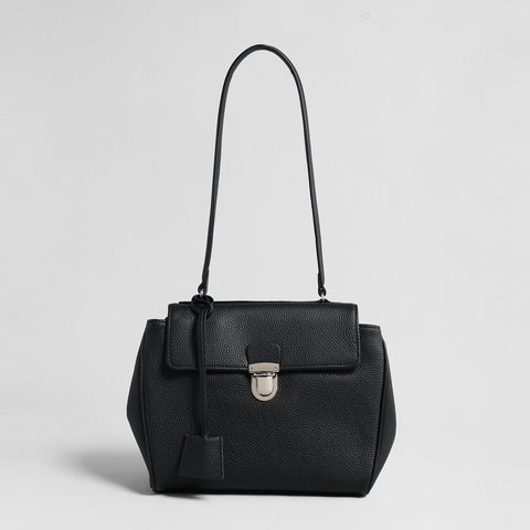 Pebbled Calfskin Messenger Bag – Flap-Top Push-Lock Shoulder Bag with Adjustable Strap
