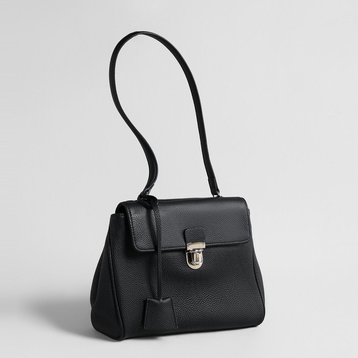 Pebbled Calfskin Messenger Bag – Flap-Top Push-Lock Shoulder Bag with Adjustable Strap