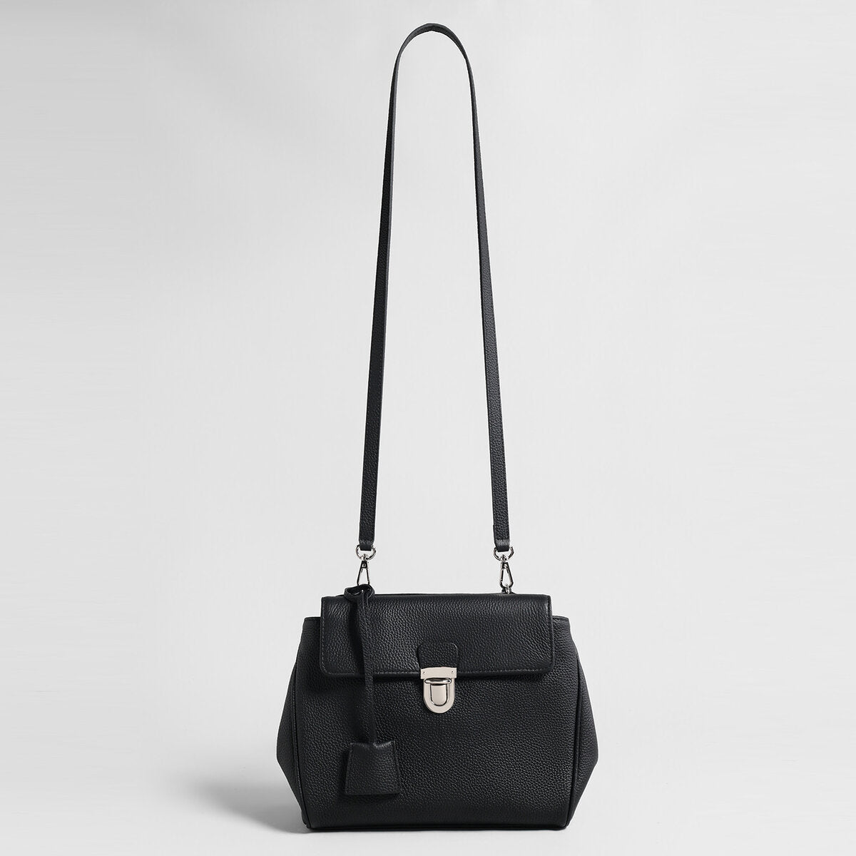 Pebbled Calfskin Messenger Bag – Flap-Top Push-Lock Shoulder Bag with Adjustable Strap