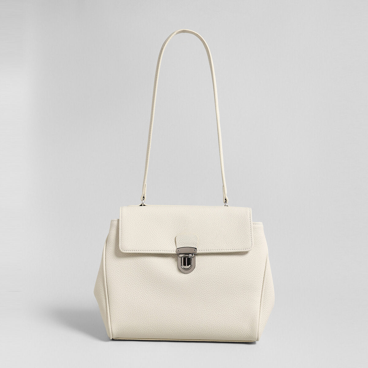 Pebbled Calfskin Messenger Bag – Flap-Top Push-Lock Shoulder Bag with Adjustable Strap