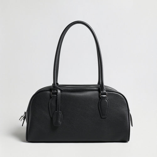 Pebbled Leather Bowling Bag with Padlock Detail – Structured Top-Handle Shoulder Bag