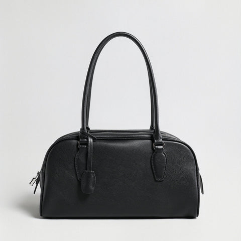 Pebbled Leather Bowling Bag with Padlock Detail – Structured Top-Handle Shoulder Bag