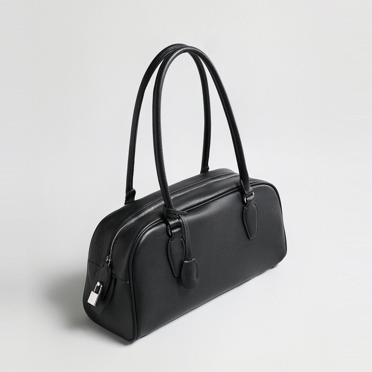 Pebbled Leather Bowling Bag with Padlock Detail – Structured Top-Handle Shoulder Bag