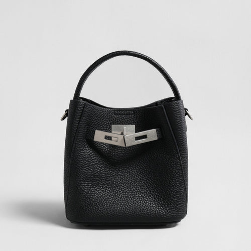 Pebbled Leather Mini Bucket Tote – Basket-Style Crossbody with Turn-Lock Hardware