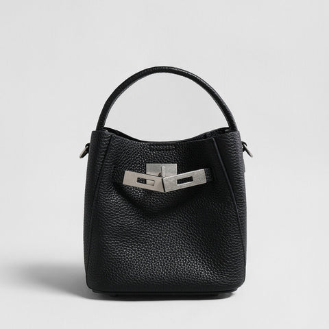 Pebbled Leather Mini Bucket Tote – Basket-Style Crossbody with Turn-Lock Hardware