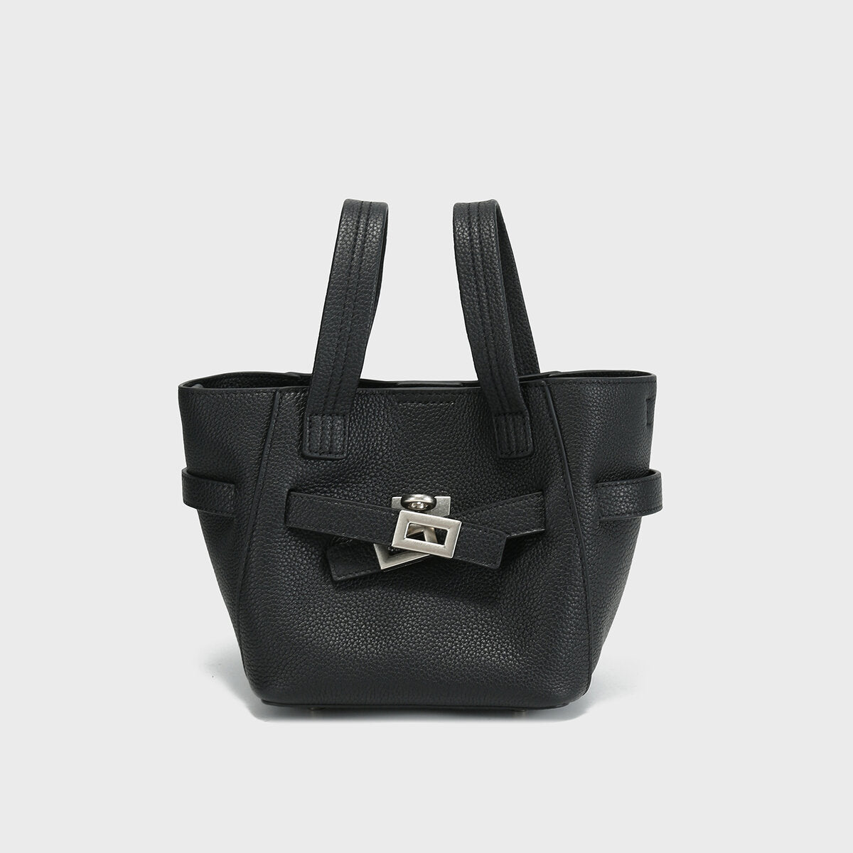 Pebbled Leather Mini Bucket Tote – Structured Crossbody Bag with Turn-Lock Belt