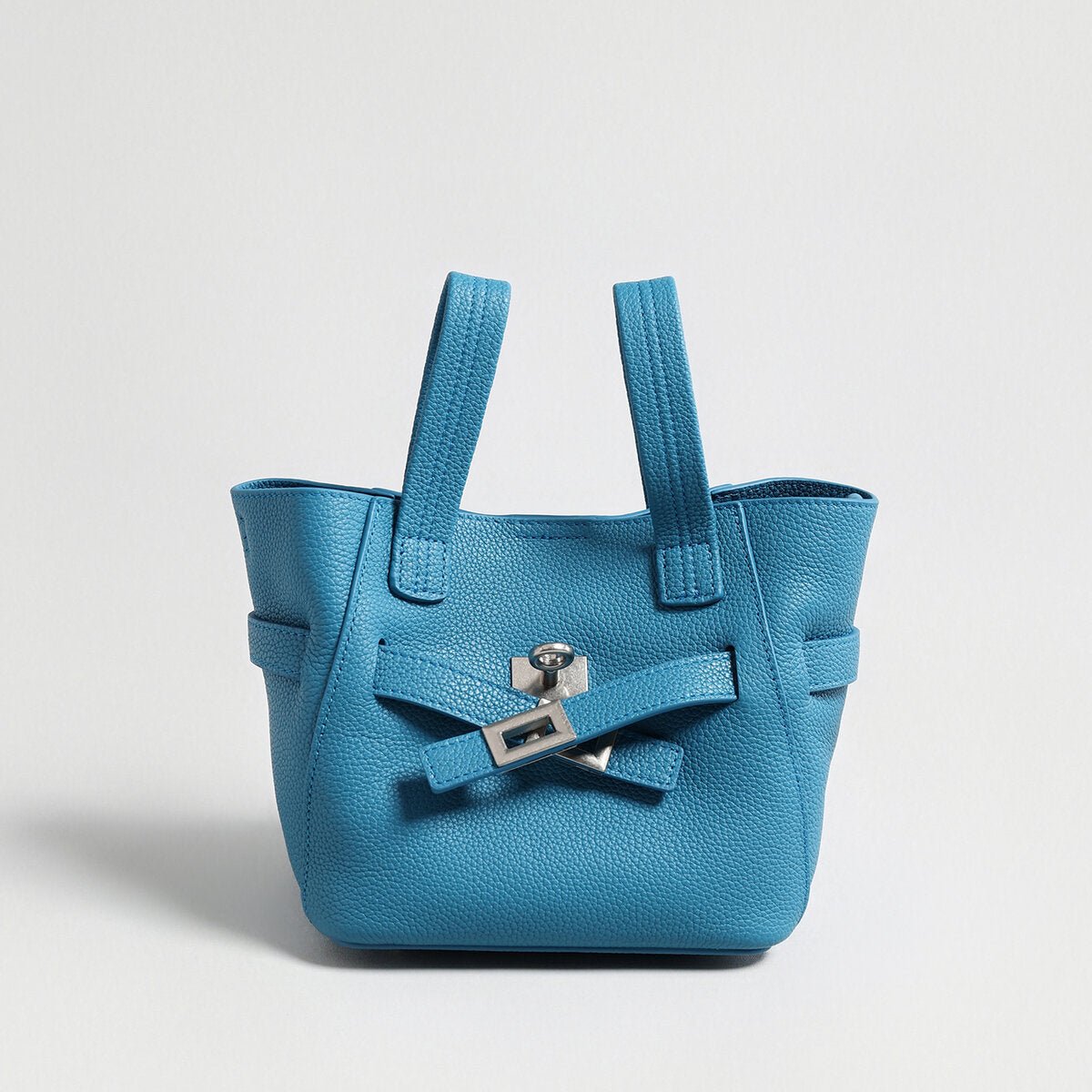 Pebbled Leather Mini Bucket Tote – Structured Crossbody Bag with Turn-Lock Belt