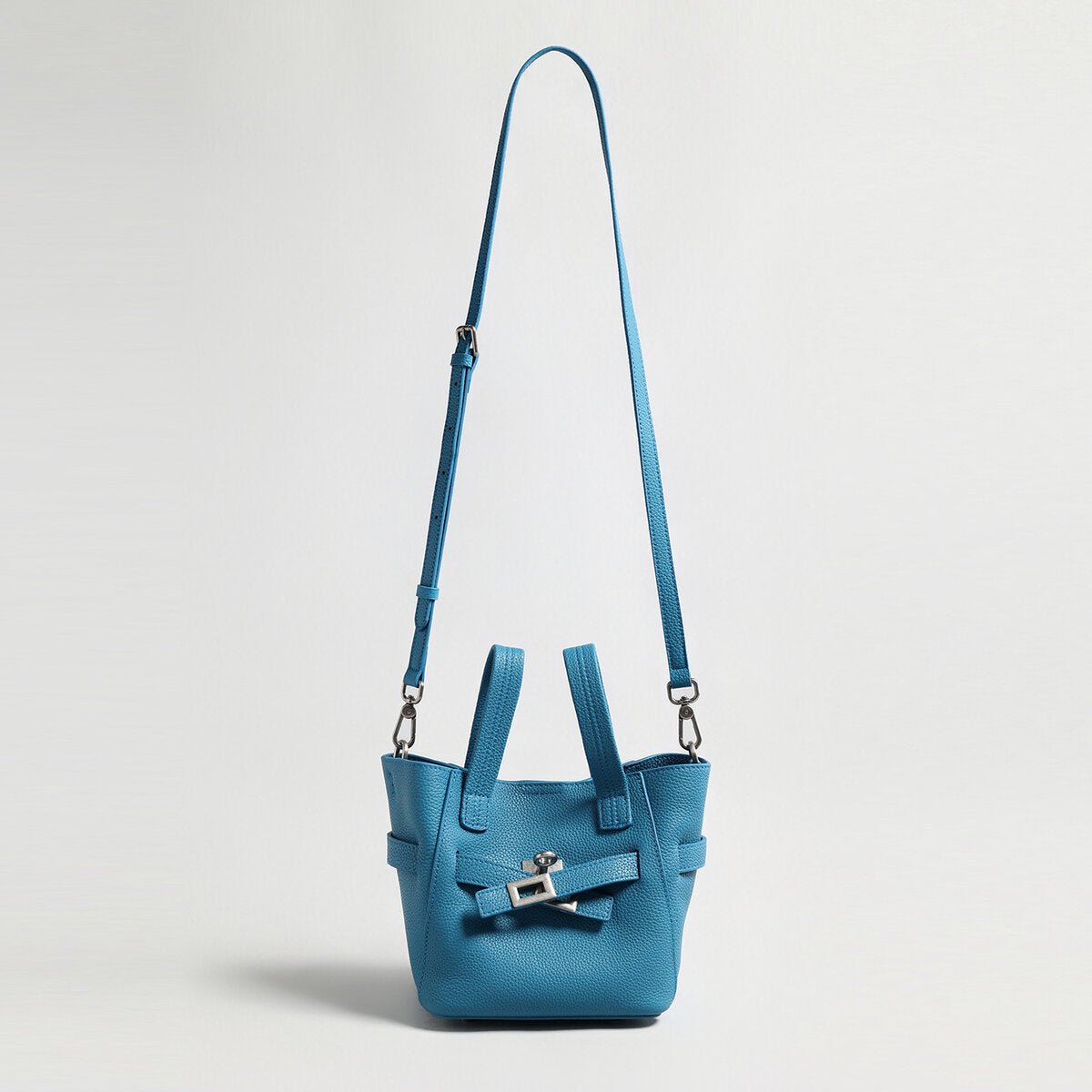 Pebbled Leather Mini Bucket Tote – Structured Crossbody Bag with Turn-Lock Belt
