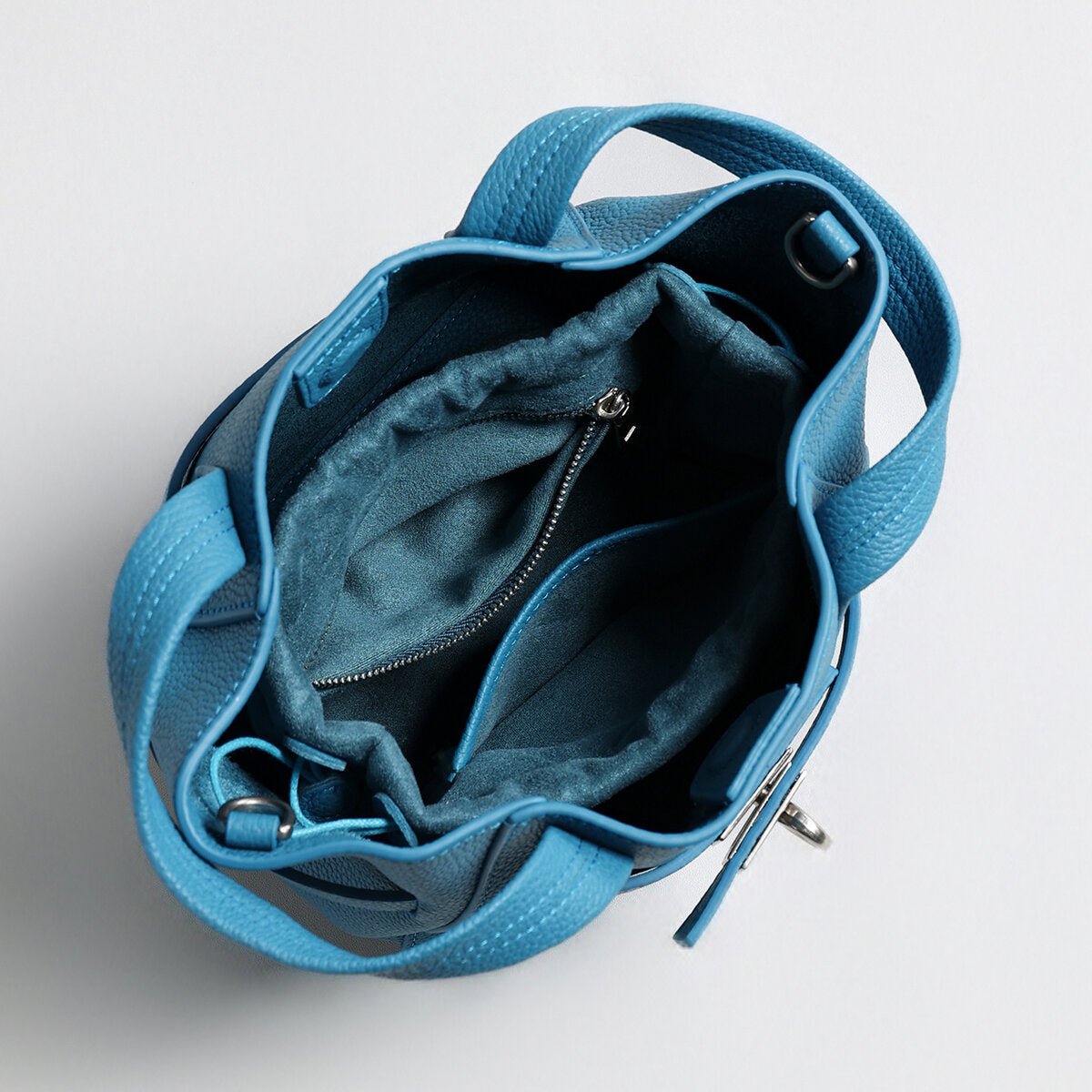 Pebbled Leather Mini Bucket Tote – Structured Crossbody Bag with Turn-Lock Belt