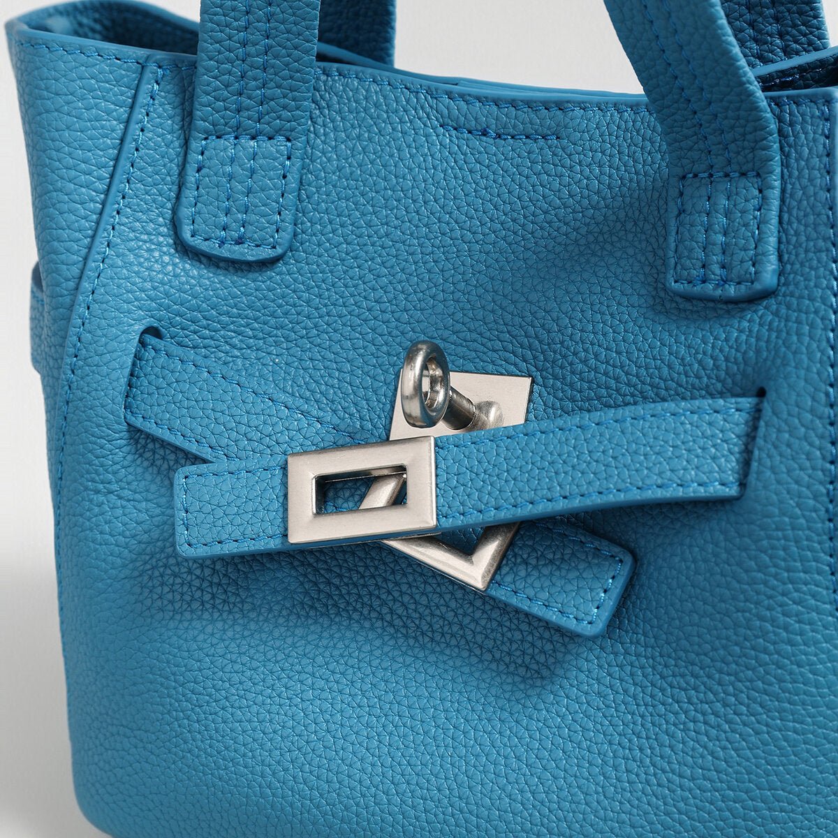 Pebbled Leather Mini Bucket Tote – Structured Crossbody Bag with Turn-Lock Belt
