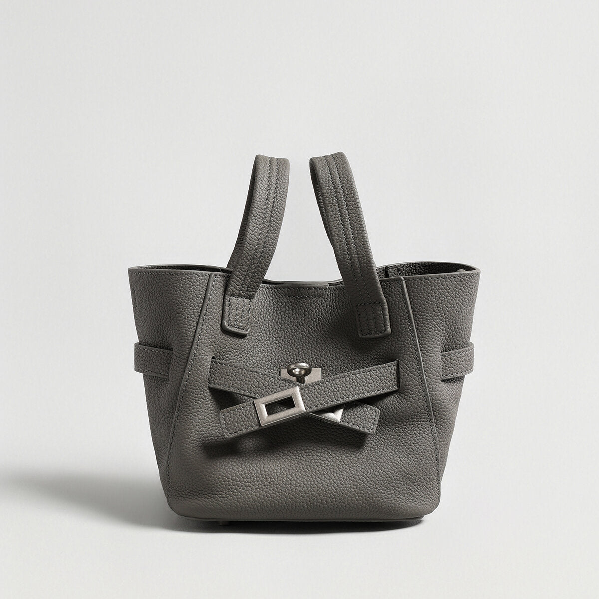 Pebbled Leather Mini Bucket Tote – Structured Crossbody Bag with Turn-Lock Belt