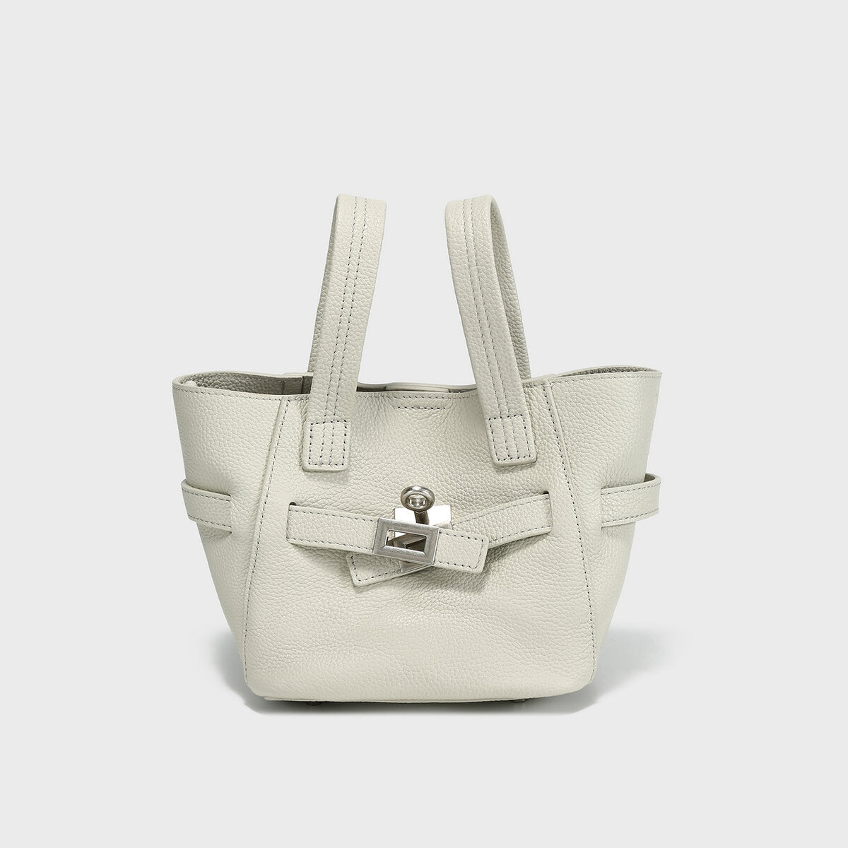 Pebbled Leather Mini Bucket Tote – Structured Crossbody Bag with Turn-Lock Belt
