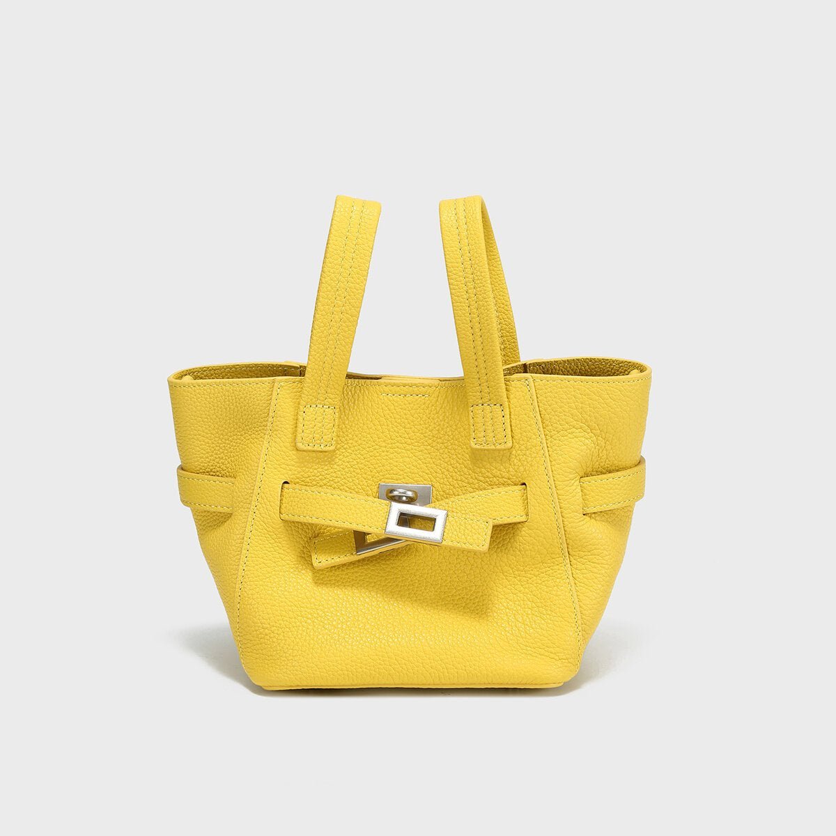 Pebbled Leather Mini Bucket Tote – Structured Crossbody Bag with Turn-Lock Belt