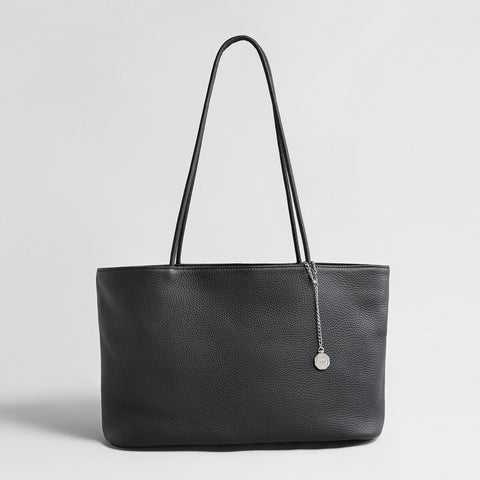 Pebbled Leather Open-Top Tote Bag – Slim-Strap Everyday Shopper with Medallion Charm