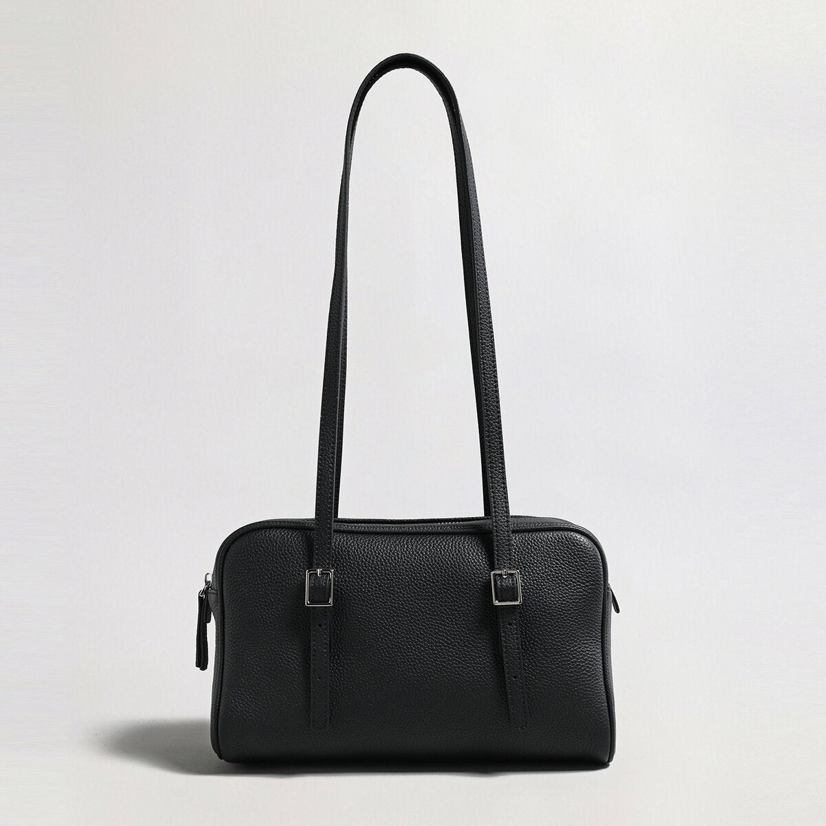Pebbled Leather Pillow Shoulder Bag – Structured Boxy Handbag with Buckle Straps