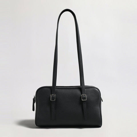Pebbled Leather Pillow Shoulder Bag – Structured Boxy Handbag with Buckle Straps