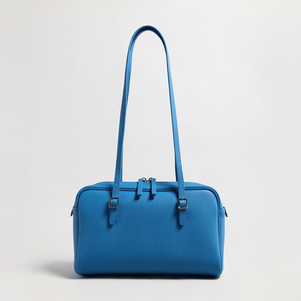 Pebbled Leather Pillow Shoulder Bag – Structured Boxy Handbag with Buckle Straps