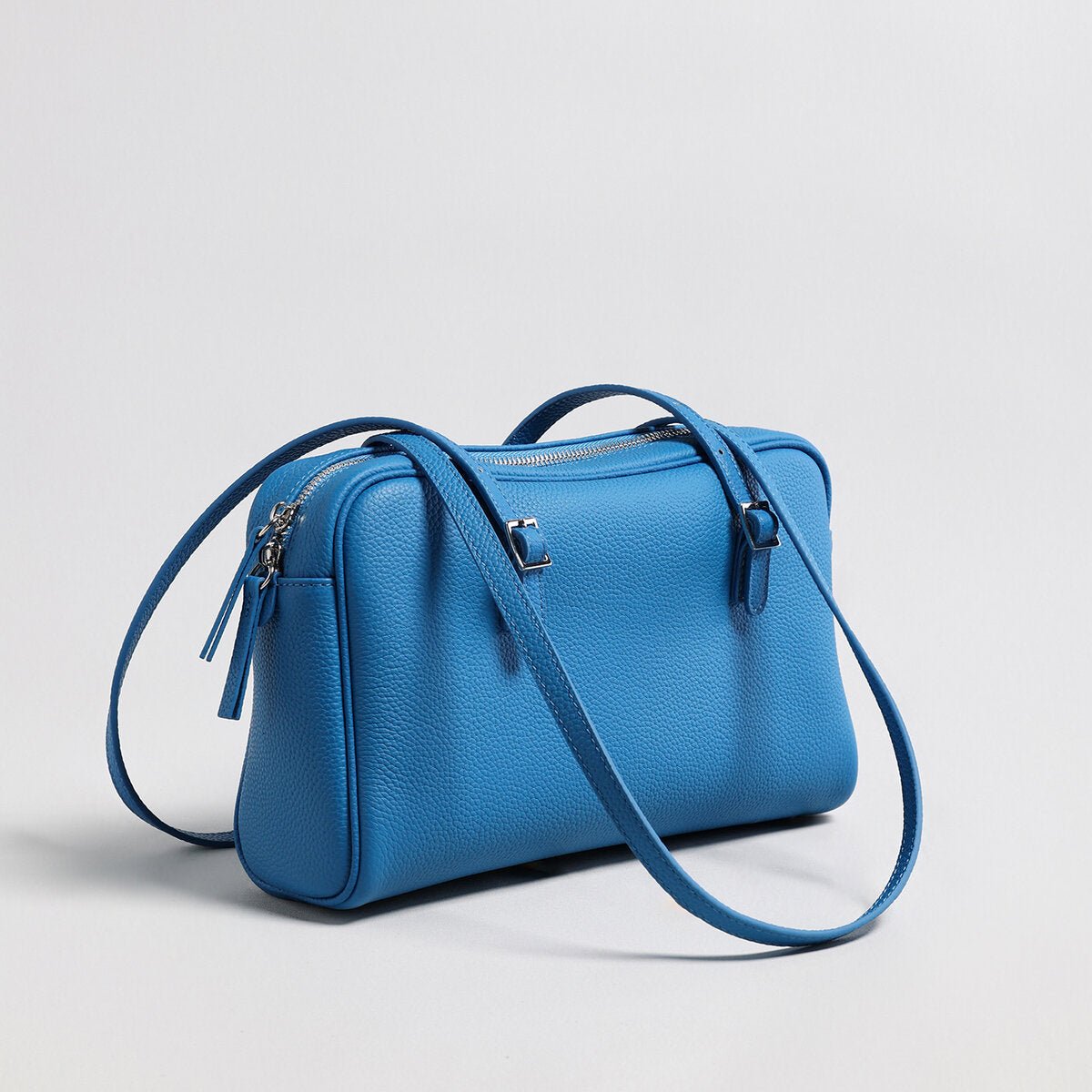 Pebbled Leather Pillow Shoulder Bag – Structured Boxy Handbag with Buckle Straps