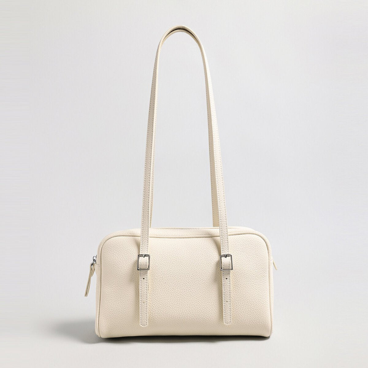 Pebbled Leather Pillow Shoulder Bag – Structured Boxy Handbag with Buckle Straps