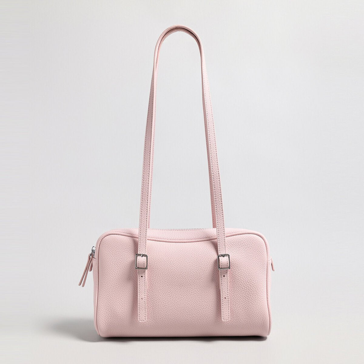 Pebbled Leather Pillow Shoulder Bag – Structured Boxy Handbag with Buckle Straps