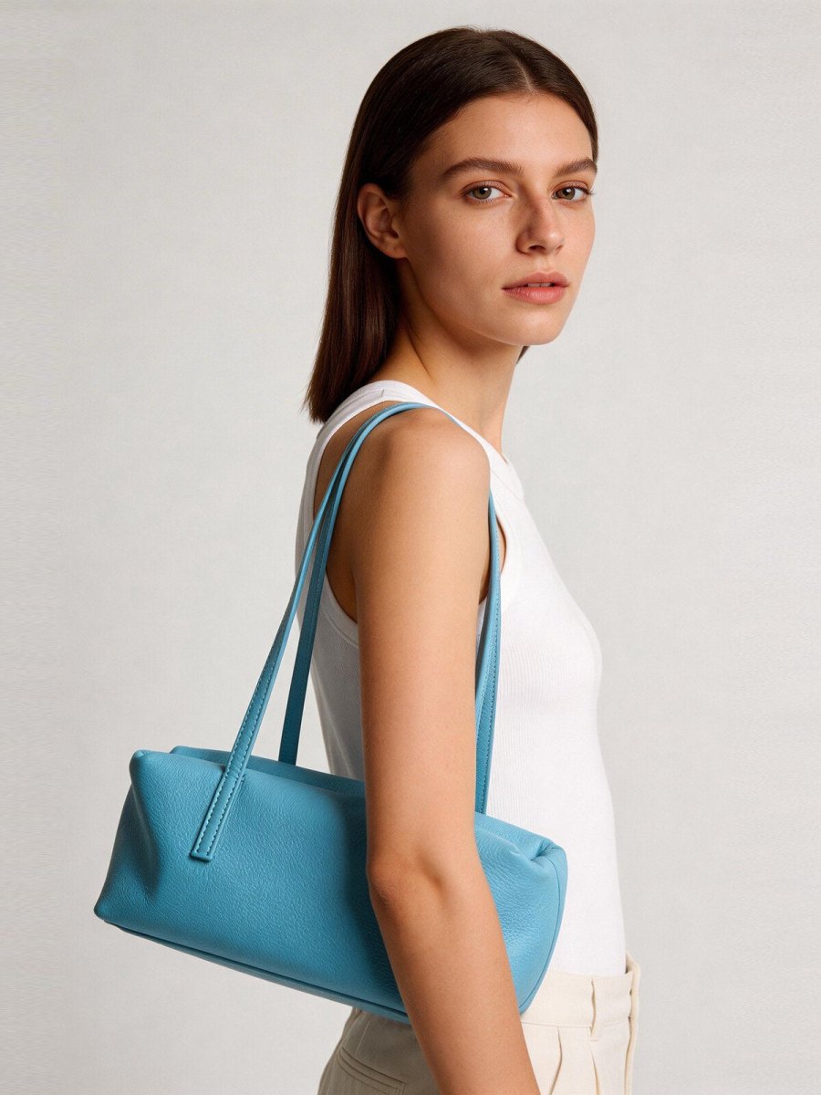 Soft Pebbled Leather Rectangular Shoulder Bag – Minimalist Structured Boston Tote
