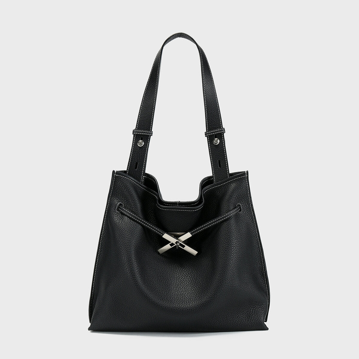 Pebbled Leather Slouchy Hobo Tote – Large Shoulder Bag with Cross Drawstring Detail