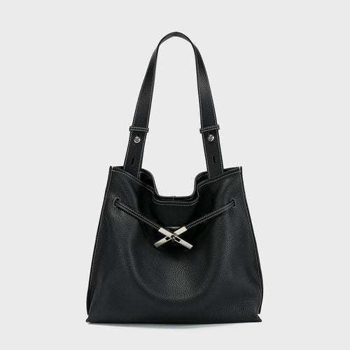 Pebbled Leather Slouchy Hobo Tote – Large Shoulder Bag with Cross Drawstring Detail
