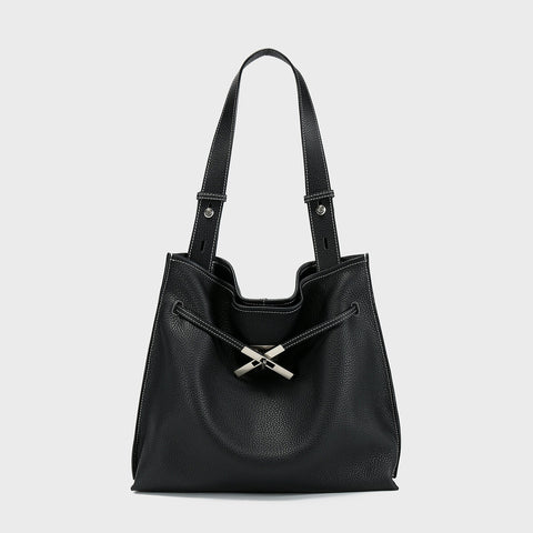 Pebbled Leather Slouchy Hobo Tote – Large Shoulder Bag with Cross Drawstring Detail