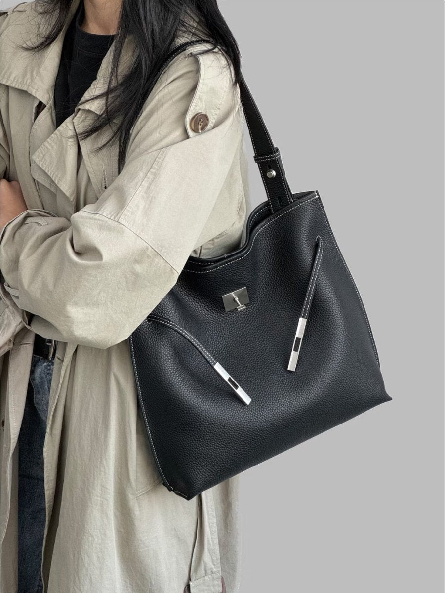 Pebbled Leather Slouchy Hobo Tote – Large Shoulder Bag with Cross Drawstring Detail