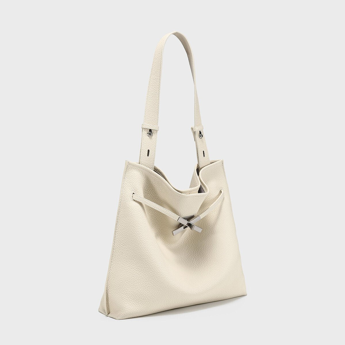 Pebbled Leather Slouchy Hobo Tote – Large Shoulder Bag with Cross Drawstring Detail