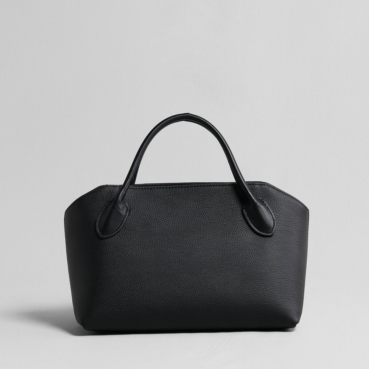 Pebbled Leather Structured Bowling Bag – Curved-Top Zip Satchel with Rolled Top Handles