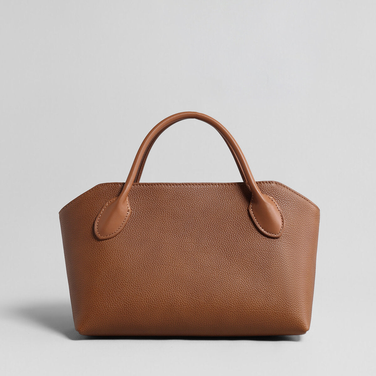 Pebbled Leather Structured Bowling Bag – Curved-Top Zip Satchel with Rolled Top Handles