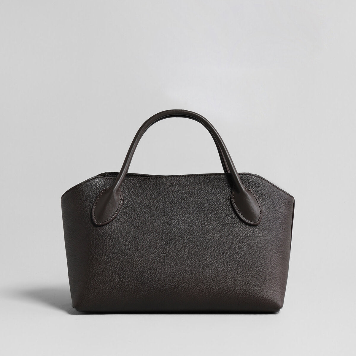 Pebbled Leather Structured Bowling Bag – Curved-Top Zip Satchel with Rolled Top Handles