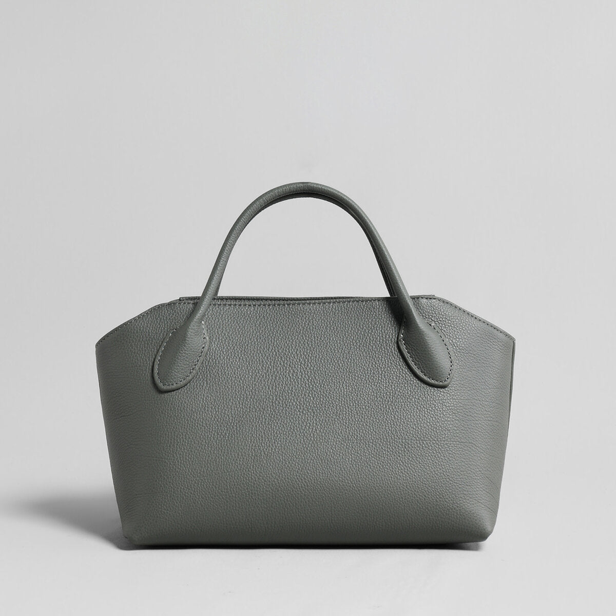 Pebbled Leather Structured Bowling Bag – Curved-Top Zip Satchel with Rolled Top Handles