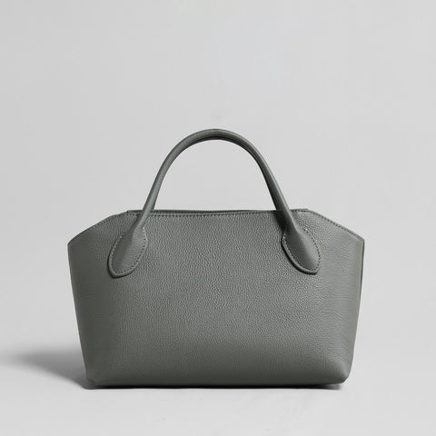 Pebbled Leather Structured Bowling Bag – Curved-Top Zip Satchel with Rolled Top Handles