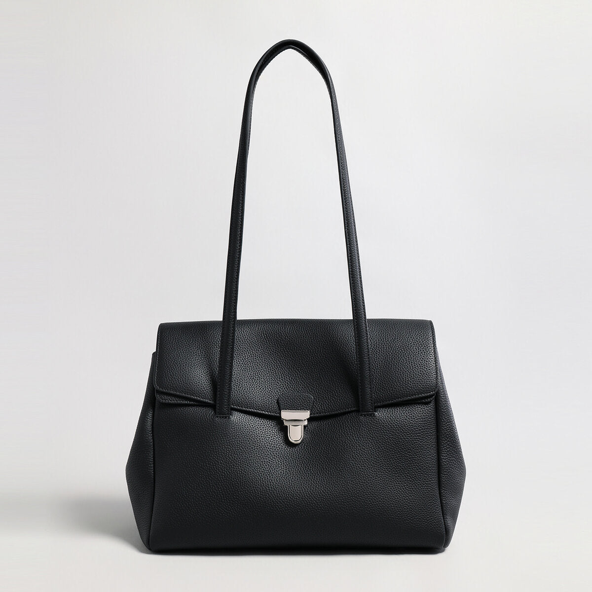 Pebbled Leather Turn-Lock Shoulder Tote Bag – Structured Multi-Compartment Handbag
