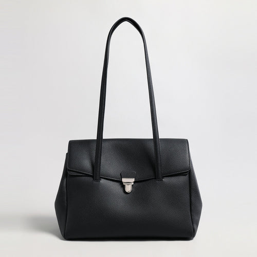 Pebbled Leather Turn-Lock Shoulder Tote Bag – Structured Multi-Compartment Handbag