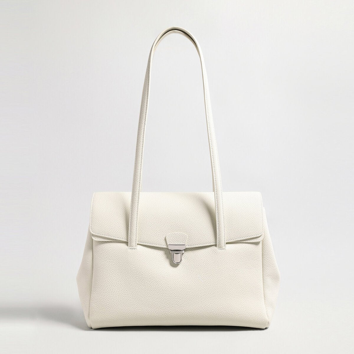 Pebbled Leather Turn-Lock Shoulder Tote Bag – Structured Multi-Compartment Handbag