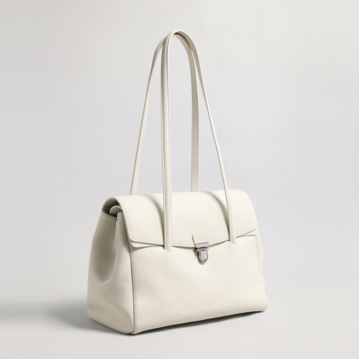 Pebbled Leather Turn-Lock Shoulder Tote Bag – Structured Multi-Compartment Handbag