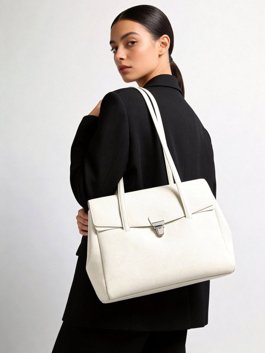 Pebbled Leather Turn-Lock Shoulder Tote Bag – Structured Multi-Compartment Handbag