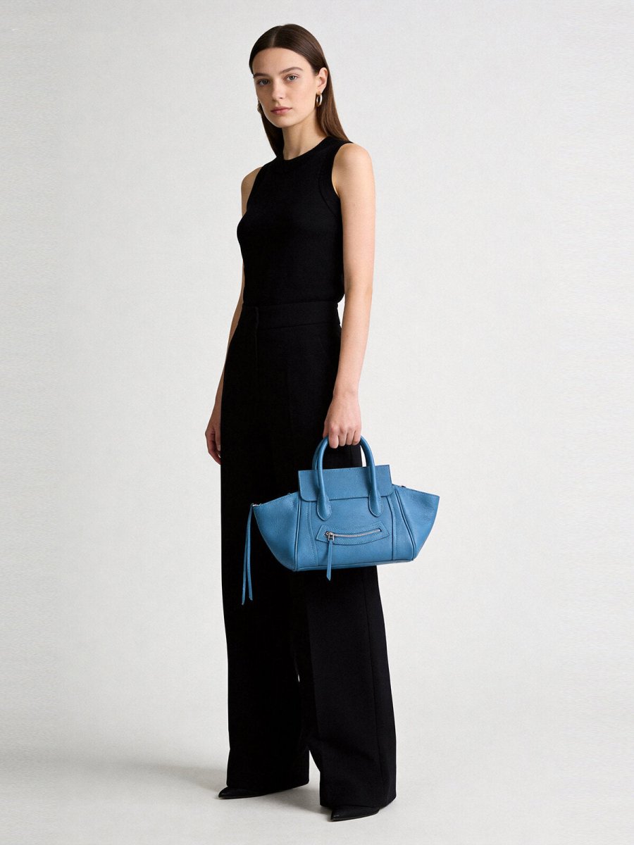 Pebbled Leather Winged Top-Handle Bag – Structured Mini Tote with Crossbody Strap