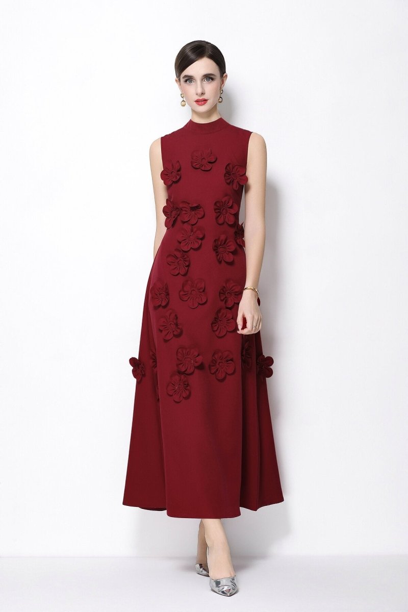 Petal Luxe 3D Floral Mock Neck Maxi Dress