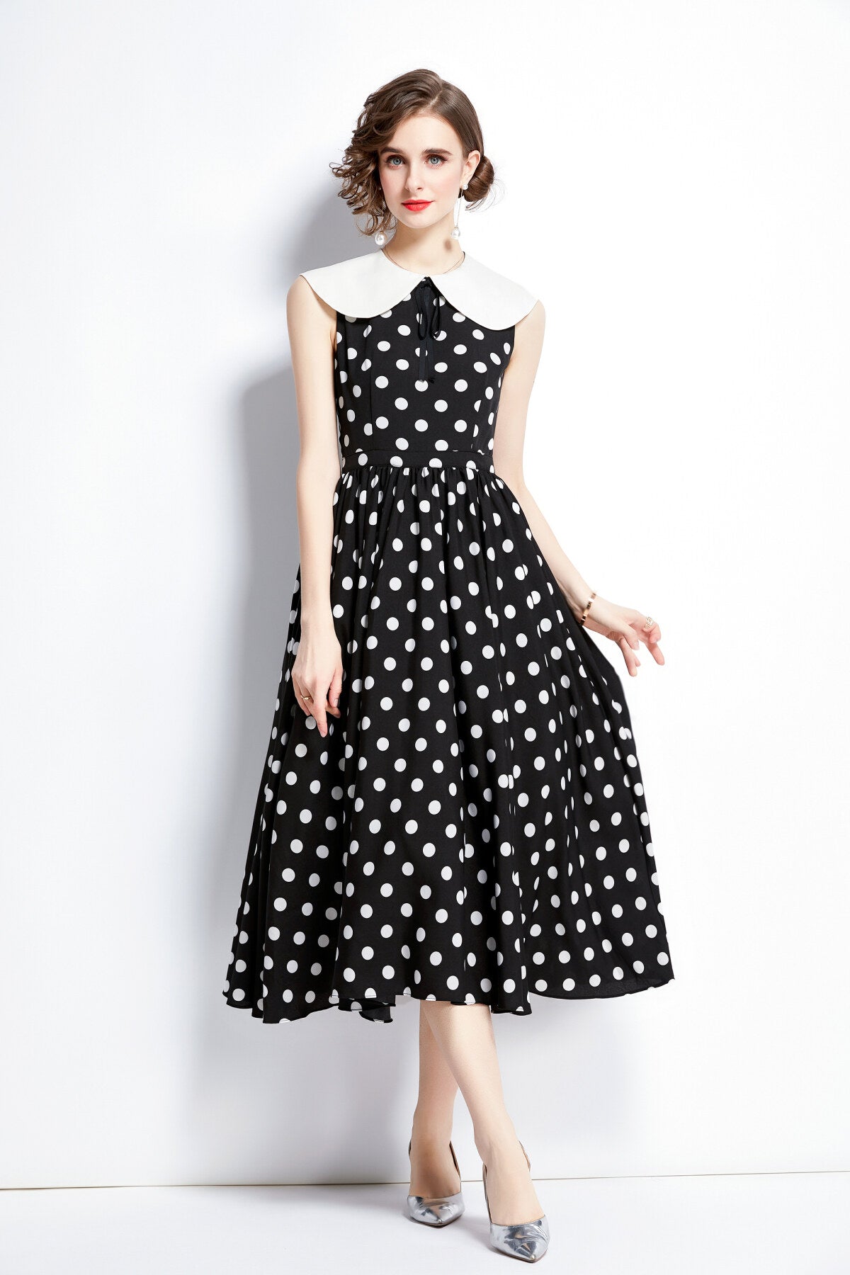 peter pan collar vintage polka dot midi dress all black 1
